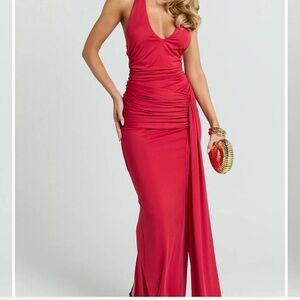 Showpo Dixie Maxi Dress - Plunge Halter Low Back Dress in Cherry NWT